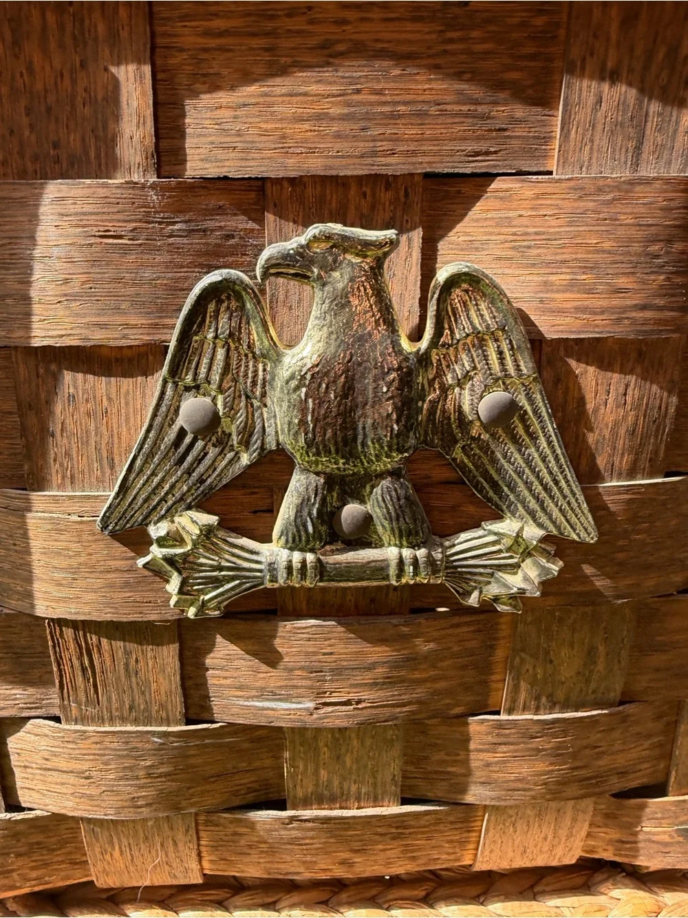 Vintage 70s Americana Eagle Woven Wood Basket with Lid Rustic Primitive Storage